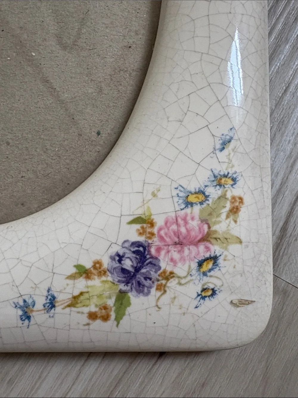 VTG Ceramic Crackle Glaze Floral Picture Frame Cream Oval Photo Opening